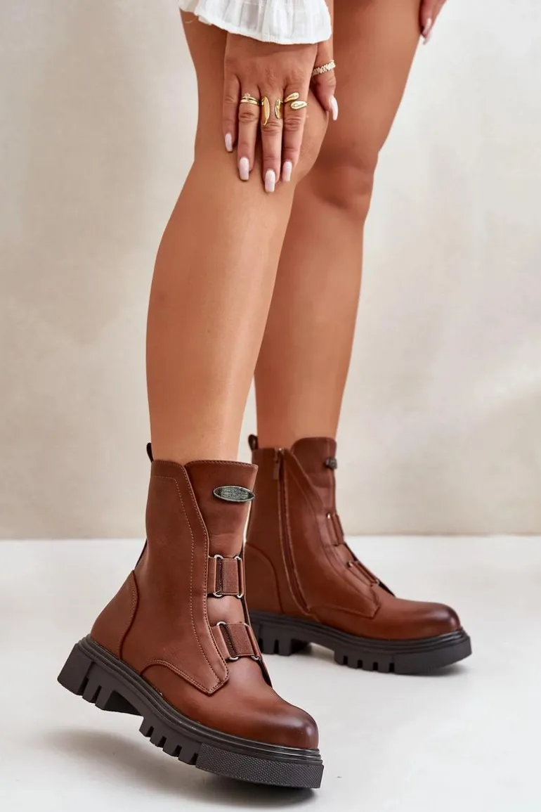 Ocieplane Botki Workery Damskie Na Zamek Eko Skórzane Brązowe Mailyra