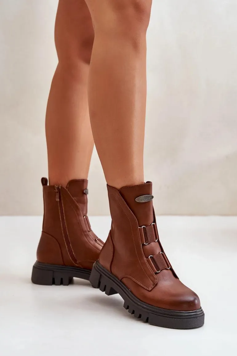 Ocieplane Botki Workery Damskie Na Zamek Eko Skórzane Brązowe Mailyra