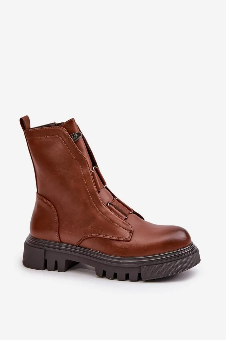 Ocieplane Botki Workery Damskie Na Zamek Eko Skórzane Brązowe Mailyra