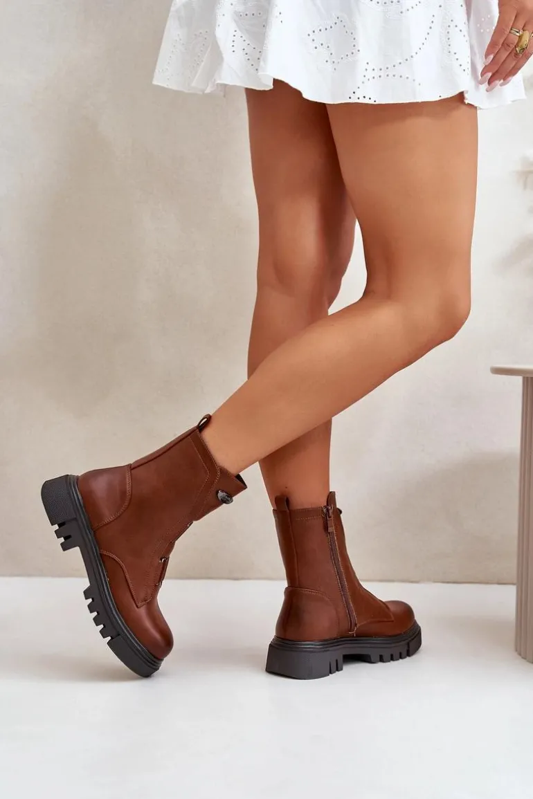 Ocieplane Botki Workery Damskie Na Zamek Eko Skórzane Brązowe Mailyra