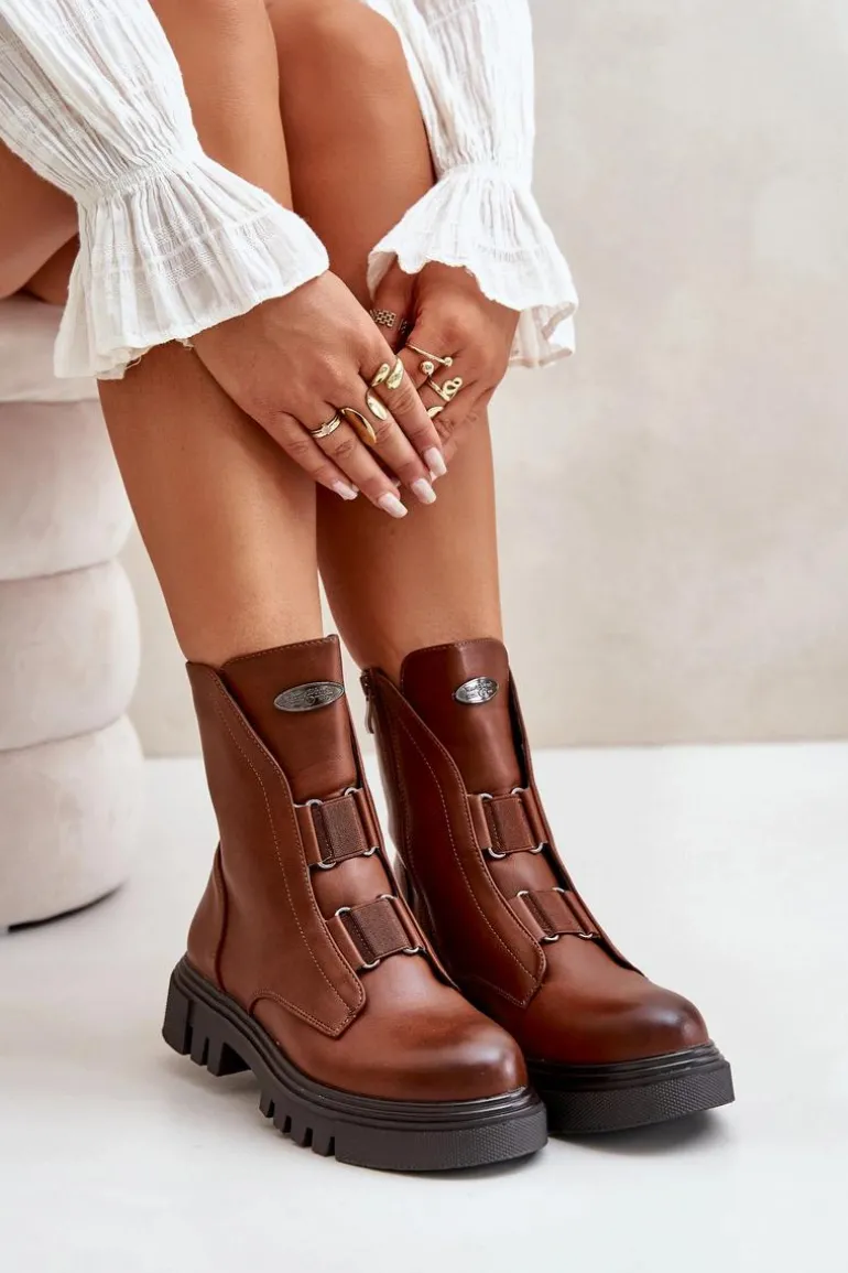 Ocieplane Botki Workery Damskie Na Zamek Eko Skórzane Brązowe Mailyra