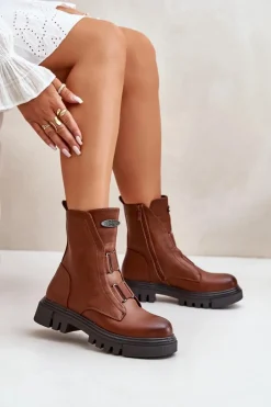 Ocieplane Botki Workery Damskie Na Zamek Eko Skórzane Brązowe Mailyra