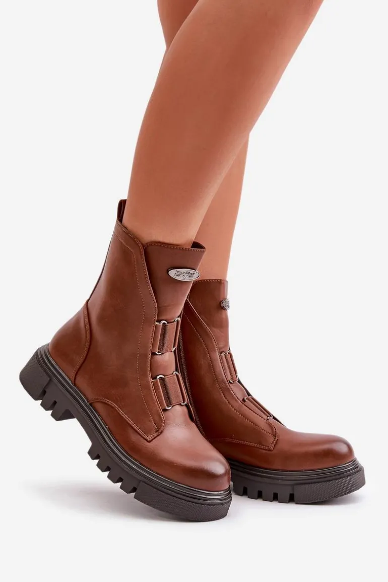 Ocieplane Botki Workery Damskie Na Zamek Eko Skórzane Brązowe Mailyra