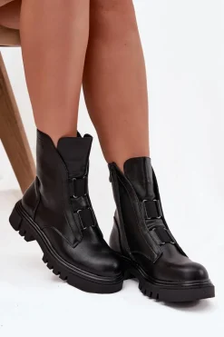 Ocieplane Botki Workery Damskie Na Zamek Eko Skórzane Czarne Mailyra