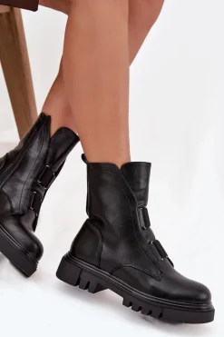 Ocieplane Botki Workery Damskie Na Zamek Eko Skórzane Czarne Mailyra