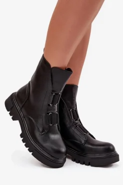 Ocieplane Botki Workery Damskie Na Zamek Eko Skórzane Czarne Mailyra