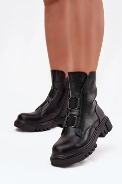 Ocieplane Botki Workery Damskie Na Zamek Eko Skórzane Czarne Mailyra