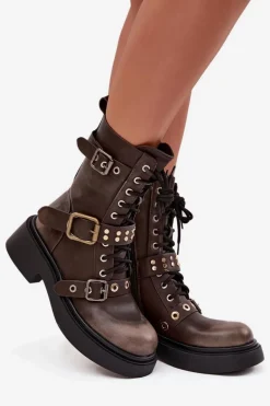 Ocieplane Botki Workery Damskie Z Klamrami Brązowe Marisse