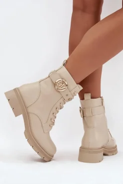 Ocieplane Botki Workery Damskie Z Ozdobnym Detalem Beżowe Talyssa