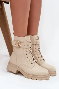 Ocieplane Botki Workery Damskie Z Ozdobnym Detalem Beżowe Talyssa