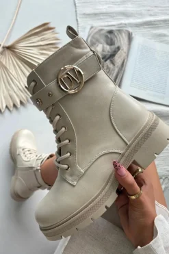 Ocieplane Botki Workery Damskie Z Ozdobnym Detalem Beżowe Talyssa