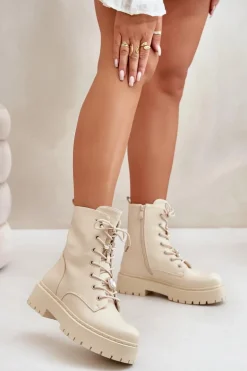 Ocieplane Botki Workery Damskie Z Przypinkami Beżowe Avorira