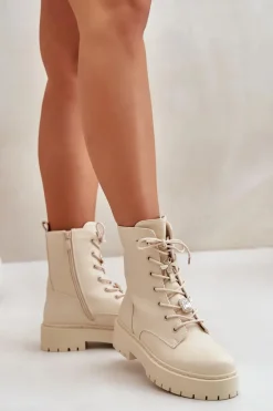 Ocieplane Botki Workery Damskie Z Przypinkami Beżowe Avorira