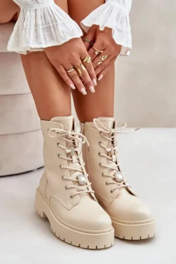 Ocieplane Botki Workery Damskie Z Przypinkami Beżowe Avorira