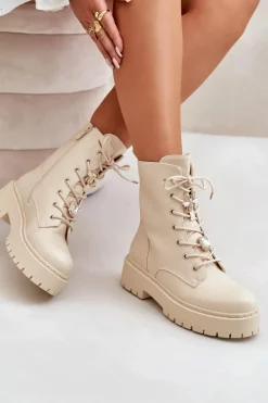 Ocieplane Botki Workery Damskie Z Przypinkami Beżowe Avorira