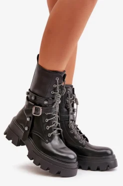 Ocieplane Botki Workery Damskie Z Paskami Czarne Berivana