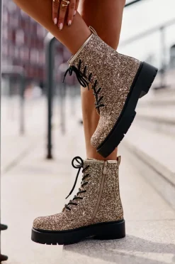 Ocieplane Botki Workery Damskie Ozdobione Cekinami Złote Liatheine