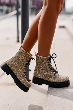 Ocieplane Botki Workery Damskie Ozdobione Cekinami Złote Liatheine