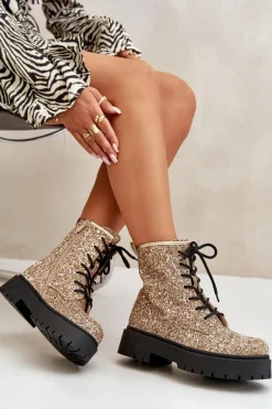 Ocieplane Botki Workery Damskie Ozdobione Cekinami Złote Liatheine