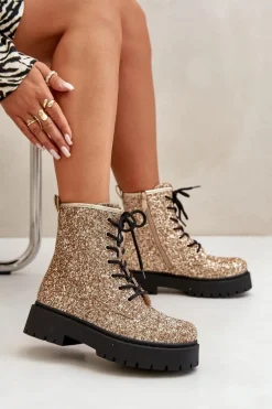 Ocieplane Botki Workery Damskie Ozdobione Cekinami Złote Liatheine