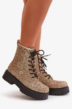 Ocieplane Botki Workery Damskie Ozdobione Cekinami Złote Liatheine