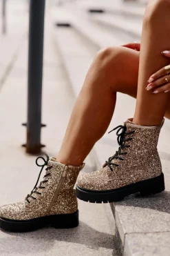 Ocieplane Botki Workery Damskie Ozdobione Cekinami Złote Liatheine