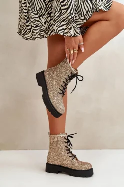 Ocieplane Botki Workery Damskie Ozdobione Cekinami Złote Liatheine