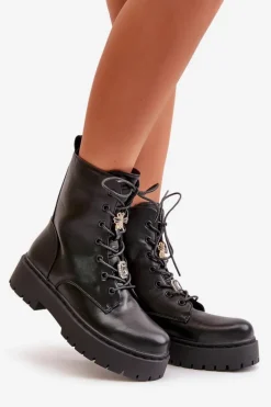 Ocieplane Botki Workery Damskie Z Przypinkami Czarne Avorira