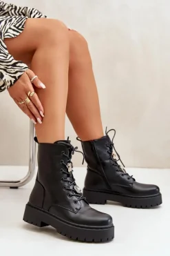 Ocieplane Botki Workery Damskie Z Przypinkami Czarne Avorira