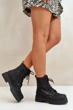 Ocieplane Botki Workery Damskie Ozdobione Cekinami Czarne Liatheine