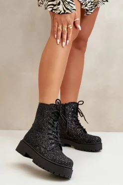 Ocieplane Botki Workery Damskie Ozdobione Cekinami Czarne Liatheine