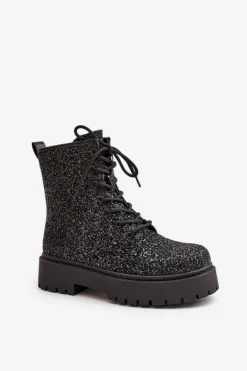 Ocieplane Botki Workery Damskie Ozdobione Cekinami Czarne Liatheine