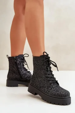 Ocieplane Botki Workery Damskie Ozdobione Cekinami Czarne Liatheine