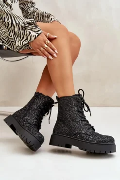 Ocieplane Botki Workery Damskie Ozdobione Cekinami Czarne Liatheine
