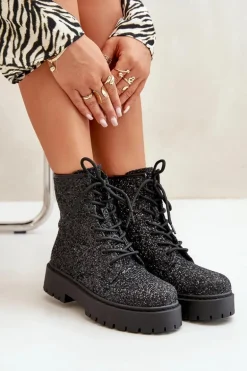 Ocieplane Botki Workery Damskie Ozdobione Cekinami Czarne Liatheine