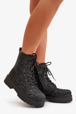 Ocieplane Botki Workery Damskie Ozdobione Cekinami Czarne Liatheine