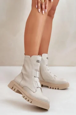 Ocieplane Botki Workery Damskie Na Zamek Eko Skórzane Jasnobeżowe Mailyra