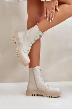 Ocieplane Botki Workery Damskie Na Zamek Eko Skórzane Jasnobeżowe Mailyra