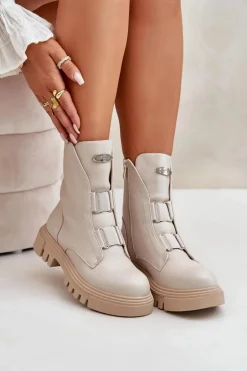 Ocieplane Botki Workery Damskie Na Zamek Eko Skórzane Jasnobeżowe Mailyra