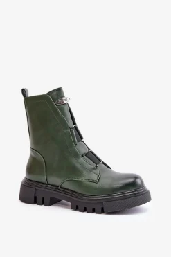 Ocieplane Botki Workery Damskie Na Zamek Eko Skórzane Zielone Mailyra