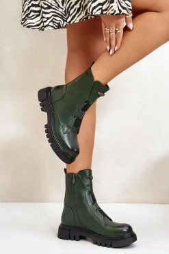 Ocieplane Botki Workery Damskie Na Zamek Eko Skórzane Zielone Mailyra