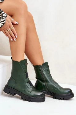 Ocieplane Botki Workery Damskie Na Zamek Eko Skórzane Zielone Mailyra