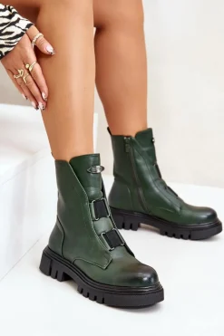 Ocieplane Botki Workery Damskie Na Zamek Eko Skórzane Zielone Mailyra