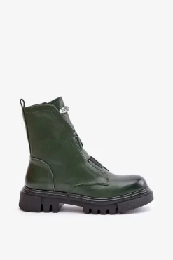 Ocieplane Botki Workery Damskie Na Zamek Eko Skórzane Zielone Mailyra