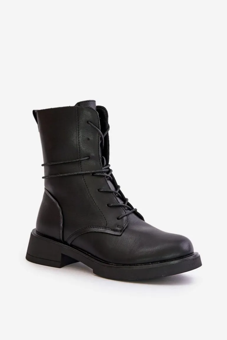 Ocieplane Botki Workery Damskie Eko Skórzane Czarne Ellittia