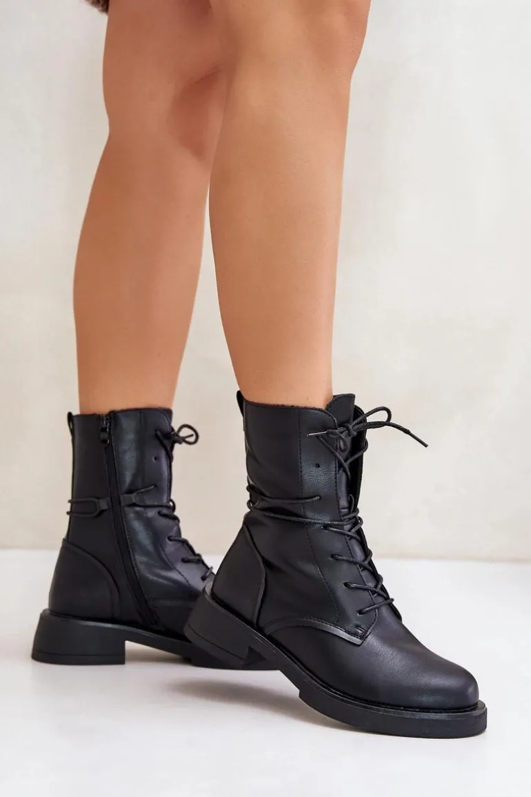 Ocieplane Botki Workery Damskie Eko Skórzane Czarne Ellittia