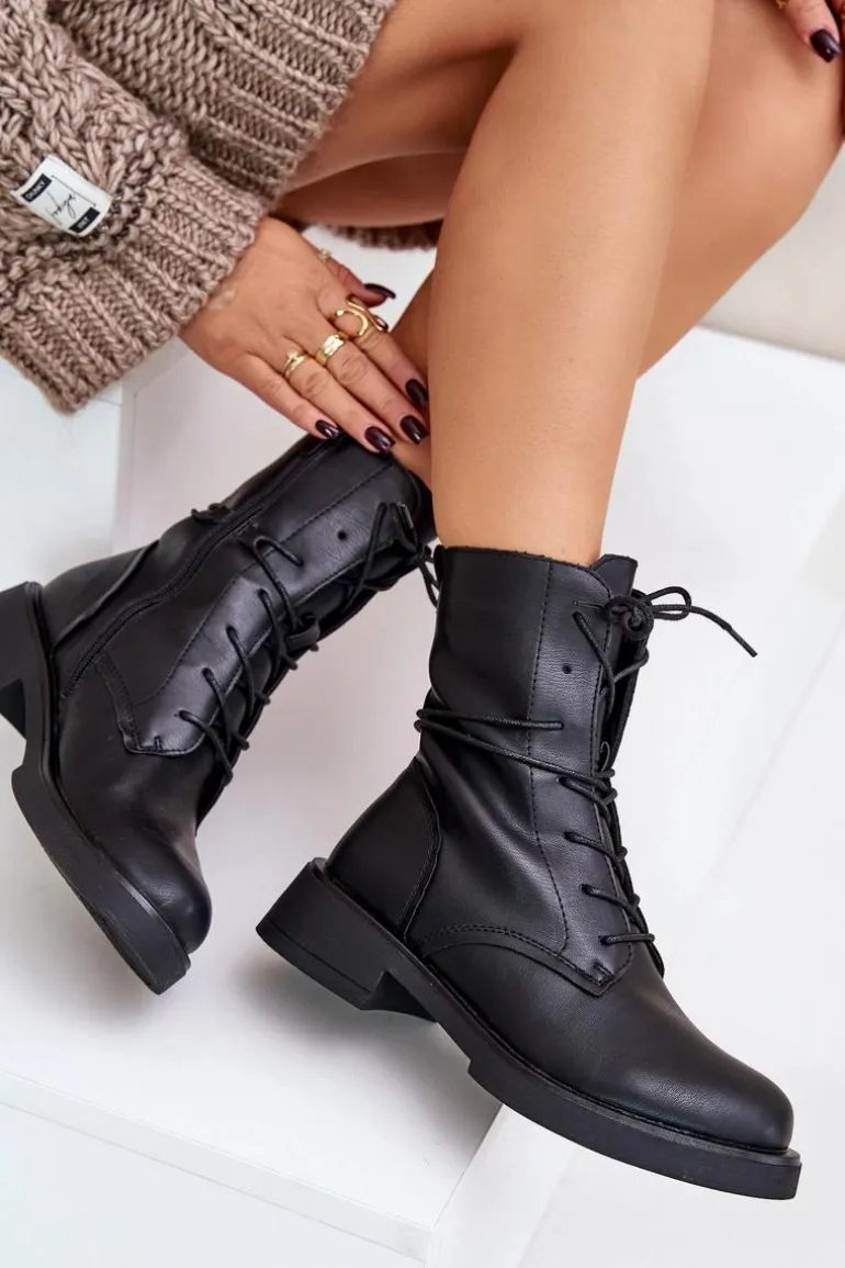 Ocieplane Botki Workery Damskie Eko Skórzane Czarne Ellittia