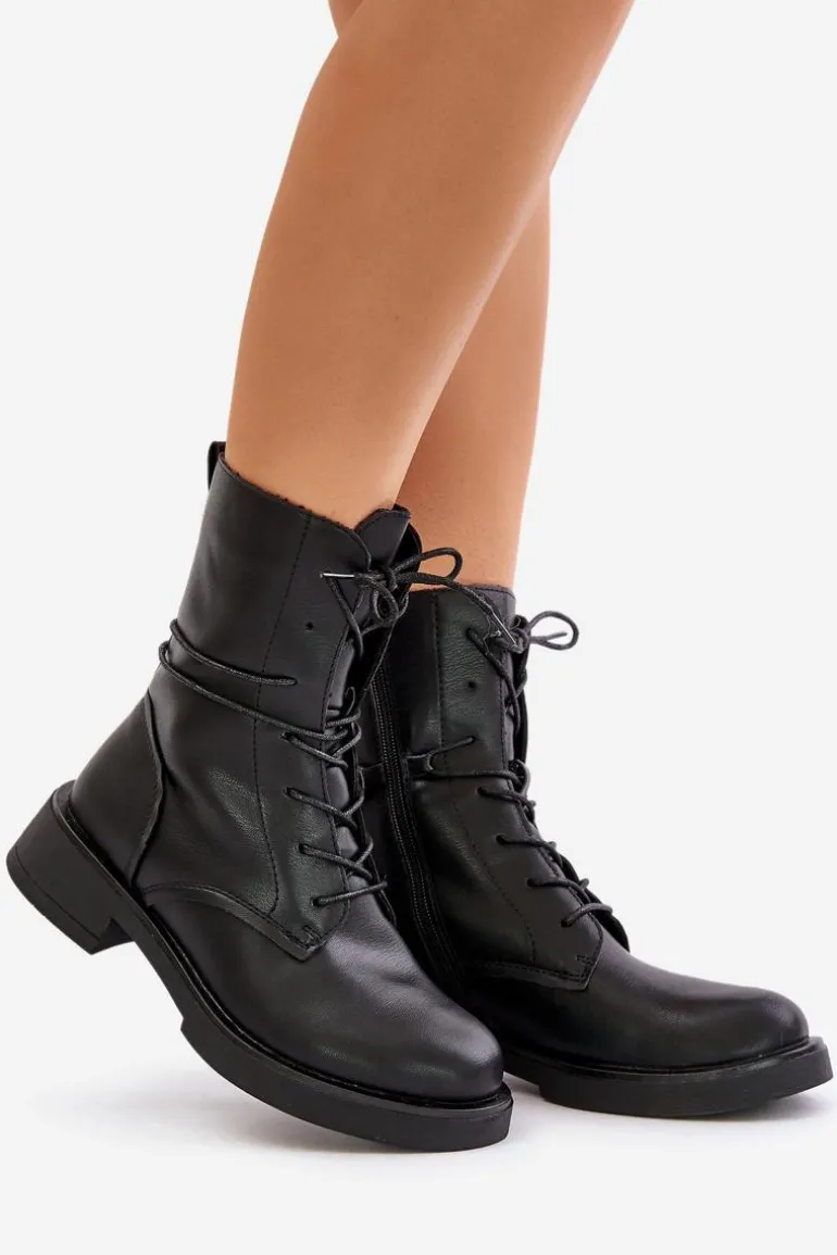 Ocieplane Botki Workery Damskie Eko Skórzane Czarne Ellittia