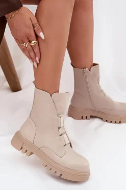 Ocieplane Botki Workery Damskie Na Zamek Eko Skórzane Jasnobeżowe Mailyra
