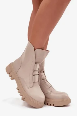 Ocieplane Botki Workery Damskie Na Zamek Eko Skórzane Jasnobeżowe Mailyra